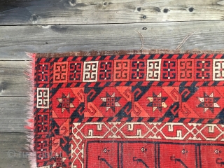 Rare design antique Ersari Ensi probably 3rd Qtr 19thC. Good colors including blues, green and yellow except for one aniline red. Unusual minor borders - one with an "S" design and one  ...