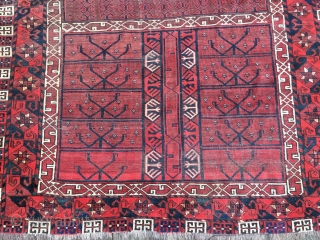 Rare design antique Ersari Ensi probably 3rd Qtr 19thC. Good colors including blues, green and yellow except for one aniline red. Unusual minor borders - one with an "S" design and one  ...