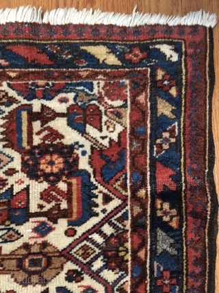 Small Antique White Field East Caucasus Rug, probably Shirvan/Kuba or Dagestan.  Contains a good combination of saturated colors. Unusual design. Low pile in the center with medium pile elsewhere. Few rows  ...