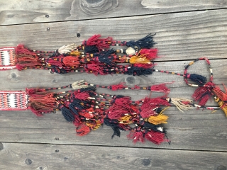 Two Antique Uzbeki tentbands woven with silk on cotton, and all natural dyes. Size of bands without tassles: 10'8" by 3" wide, and the other is 11' 6" by 3" wide. The  ...