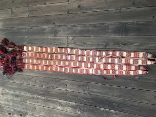 Two Antique Uzbeki tentbands woven with silk on cotton, and all natural dyes. Size of bands without tassles: 10'8" by 3" wide, and the other is 11' 6" by 3" wide. The  ...