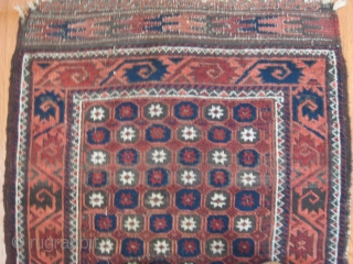 Late 19th C. Baluch rug with unusual star/lattice field design and curled-leaf border. Good pile in borders but lower in field. One old repair can be seen in second image. Good natural  ...