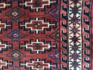 Antique Turkmen Yomud Chuval in very good condition. Full pile with complete ends and original side cords.. Unusual stepped and hooked major guls (sekis-kochak) with diamond shaped minor guls. Organic saturated colors  ...