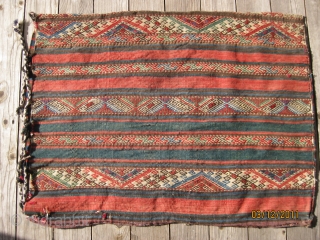 19th C. Caucasian, probably from Azerbaijan, weft float large grain bag, with complete striped kilim back. Very good condition. Retains partial closure ropes. All natural dyes, including excellent blues and greens.   ...