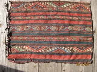 19th C. Caucasian, probably from Azerbaijan, weft float large grain bag, with complete striped kilim back. Very good condition. Retains partial closure ropes. All natural dyes, including excellent blues and greens.   ...