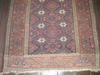 Mina Khani Belouch, ca 1880, nice blues, retaining partial kilim one end,
57" X 36". Hand washed. Bottom photo is of reverse side.           