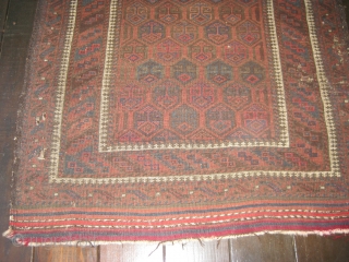 Late 19th C Balouch. Good pile and colors,retains kilim ends. Area of about 2" of moth damage near upper left. 51" X 33". Lower photo is reverse side.     
