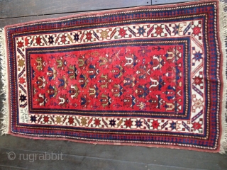 Antique Kuba rug, dated 1314/1896-7. All organic colors. Wonderful well-balanced palette with small tulips in an insect red field. Some limited areas of low pile and wear, otherwise good low to medium  ...