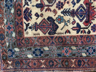 Small squarish Antique Afshar usually called a Masnad or sitting rug for distinguished guests. Camel field with colorful symbols including several blues and greens. All natural colors. Size: 3'5" X 3'10". Good  ...