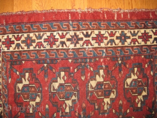 Yomud Juval, "Bag-face" 19th C. Good colors: including blue/green and two blues plus aubergine. Medium to low pile with a few knots showing in center. 3'6" X 2'8". Clean    