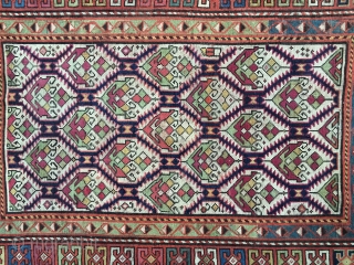 Stunning Antique Caucasian Kuba or Dagestan rug with field lattice design containing colorful palmettes. All natural dye colors including gorgeous light greens, blues and yellow. Very good condition with original ends and  ...