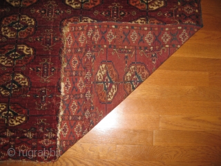 Antique Tekke wedding rug, 19 C. Good, soft pile and all natural colors.
Two small repairs and one end missing about 1 inch. Small split in center. 
Size 2'10" X 3'3".   