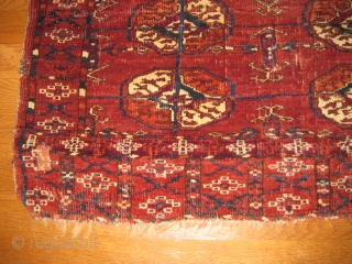 Antique Tekke wedding rug, 19 C. Good, soft pile and all natural colors.
Two small repairs and one end missing about 1 inch. Small split in center. 
Size 2'10" X 3'3".   