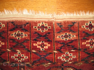 Antique Tekke wedding rug, 19 C. Good, soft pile and all natural colors.
Two small repairs and one end missing about 1 inch. Small split in center. 
Size 2'10" X 3'3".   