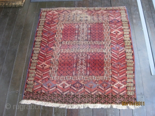 Tekke Turkmen Ensi, late 19th C. Good colors and condition as shown. Medium to low overall pile. Elam missing a few rows. 55 X 51 in./140 X 129 cm. Reasonable.   