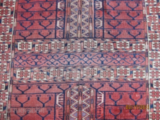 Tekke Turkmen Ensi, late 19th C. Good colors and condition as shown. Medium to low overall pile. Elam missing a few rows. 55 X 51 in./140 X 129 cm. Reasonable.   