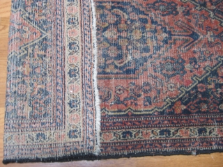 Antique Senna mat, ca 1910. All over even wear with some knots showing. Good colors. Sides and ends are complete. Size: 37" X 23"/94 X 58cm.       