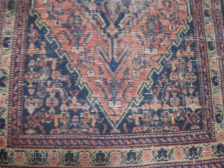 Antique Senna mat, ca 1910. All over even wear with some knots showing. Good colors. Sides and ends are complete. Size: 37" X 23"/94 X 58cm.       
