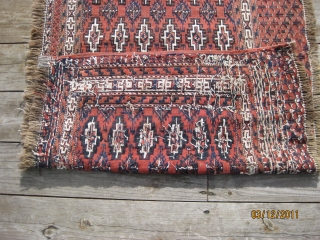 36 Gul Yomud Sumac Chuval. Good allover condition with original side cords and all natural dyes. Unique inner border. Circa 1890 - 1900. 48 X 27 in./122 X 69 cm. Washed and  ...