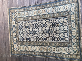 Antique Caucasian Kuba Konagkend Rug, probably last half 19thC. Good condition with overall low pile. Size 48"X 60"/122 X 152cm. All natural colors including blues, blue-green, yellow and black. Selvedges replaced but  ...