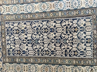 Antique Caucasian Kuba Konagkend Rug, probably last half 19thC. Good condition with overall low pile. Size 48"X 60"/122 X 152cm. All natural colors including blues, blue-green, yellow and black. Selvedges replaced but  ...