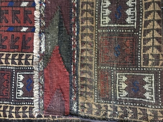 Small Antique Baluch rug, probably late 19thC. Good condition with original kilim ends. selvages replaced. Good condition with lower pile in center. Unusual border design. Nice saturated colors including a brilliant blue  ...