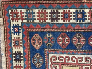 Early Antique Caucasian Karachop (or variant) long rug, probably from 3rd Qtr 19thC. Beautiful bold design with a great variety of colors including several blues, aubergine, lemon yellow, and green. Size: 9'3"  ...