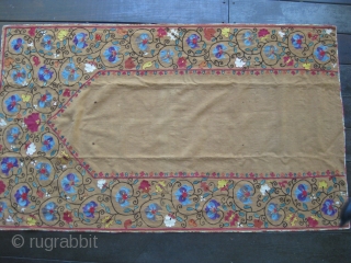 A Central Asian prayer Suzani? Probably late 19th C. Multiple-colored silk flowers embroidered on hand-spun linen. Very good condition except for two small holes in the mirhab. Great piece for the wall.  ...
