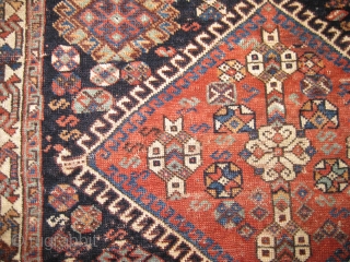 Antique Qashgai bagface, 4th Qtr 19th C. All natural colors including a stunning
light green. Good soft pile but missing some rows at top and bottom. 27" X 21"     