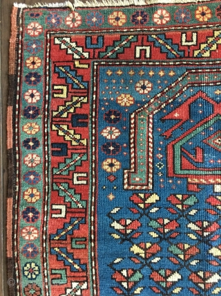 Colorful Antique Caucasian Shirvan or Shirvan-Kuba Prayer Rug from the late 19thC. Some wear with medium to full pile throughout. All natural colors with nice abrashes and several blues, greens and a  ...