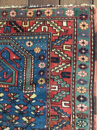 Colorful Antique Caucasian Shirvan or Shirvan-Kuba Prayer Rug from the late 19thC. Some wear with medium to full pile throughout. All natural colors with nice abrashes and several blues, greens and a  ...