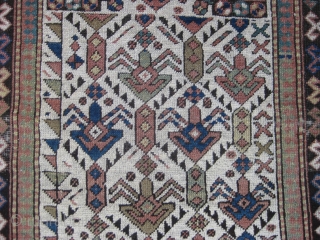 Late 19th C. Shirvan Prayer Rug. Well drawn with classic stylized shrubs and tribal symbols. All natural colors including nice blues and greens. Low to Medium pile. 67 X 29in./170 X 74cm.  ...