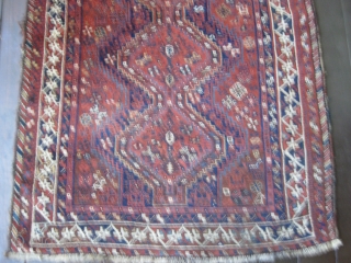 Southwest Persian rug, Khamseh? Lori?, circa 1910-20. Very good condition with full to medium pile. Missing end guard borders. Retains original selvedges. Natural good saturated colors, including blues and greens. Random birds  ...