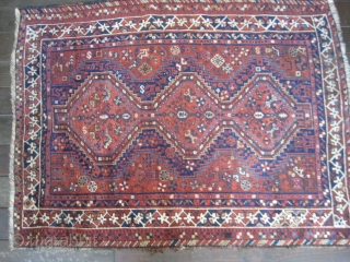 Southwest Persian rug, Khamseh? Lori?, circa 1910-20. Very good condition with full to medium pile. Missing end guard borders. Retains original selvedges. Natural good saturated colors, including blues and greens. Random birds  ...