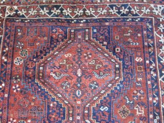 Southwest Persian rug, Khamseh? Lori?, circa 1910-20. Very good condition with full to medium pile. Missing end guard borders. Retains original selvedges. Natural good saturated colors, including blues and greens. Random birds  ...