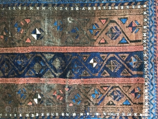 Antique Baluch rug circa late 19thC. Unique palette with field consisting of border designs. All natural colors including a brilliant light blue. Fair condition with areas of wear as well as places  ...