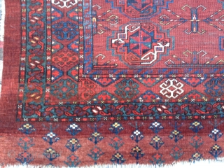 Ersari chuval from second half of the 19th C. Good colors including yellow,three blues and a blue/green. Center gul contains purple silk. Fine weave with a KPSI of 200. Medium pile lower  ...