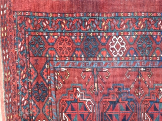 Ersari chuval from second half of the 19th C. Good colors including yellow,three blues and a blue/green. Center gul contains purple silk. Fine weave with a KPSI of 200. Medium pile lower  ...