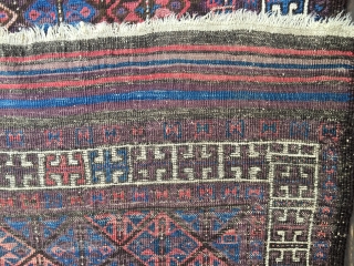 Antique Baluch rug, most likely 4th Qtr 19th century. Unusual diagonal field pattern with all natural colors including an outstanding purple. Size: 4'10"X 3'1". Soft, thin blanket-like handle and glossy wool. Medium  ...