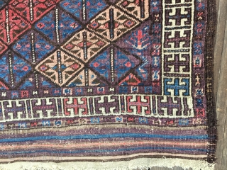 Antique Baluch rug, most likely 4th Qtr 19th century. Unusual diagonal field pattern with all natural colors including an outstanding purple. Size: 4'10"X 3'1". Soft, thin blanket-like handle and glossy wool. Medium  ...