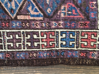 Antique Baluch rug, most likely 4th Qtr 19th century. Unusual diagonal field pattern with all natural colors including an outstanding purple. Size: 4'10"X 3'1". Soft, thin blanket-like handle and glossy wool. Medium  ...