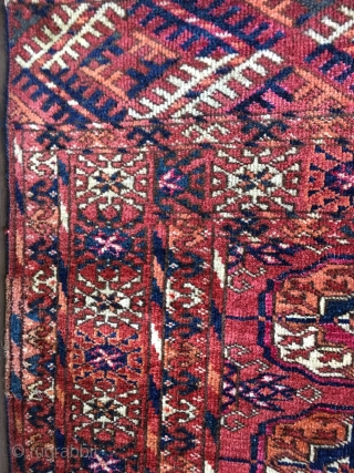 Brightly colored antique Tekke Turkman small possibly ceremonial or wedding rug. All good colors with cochineal and madder throughout. Allover good medium pile. Selvedges original except as shown in last photo. Measures  ...