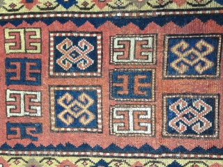 Beautiful small Kazak rug circa 1880s. All natural colors including a lemon-yellow border. Excellent condition with some professional reweaving in the field. 
Size 55X36in./140X91cm. Selvedges are original. Buyer pays shipping. Washed. Price  ...