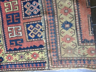 Beautiful small Kazak rug circa 1880s. All natural colors including a lemon-yellow border. Excellent condition with some professional reweaving in the field. 
Size 55X36in./140X91cm. Selvedges are original. Buyer pays shipping. Washed. Price  ...