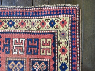 Beautiful small Kazak rug circa 1880s. All natural colors including a lemon-yellow border. Excellent condition with some professional reweaving in the field. 
Size 55X36in./140X91cm. Selvedges are original. Buyer pays shipping. Washed. Price  ...