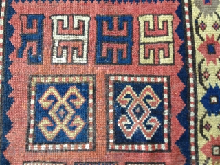 Beautiful small Kazak rug circa 1880s. All natural colors including a lemon-yellow border. Excellent condition with some professional reweaving in the field. 
Size 55X36in./140X91cm. Selvedges are original. Buyer pays shipping. Washed. Price  ...