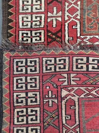 Exceptional Antique Turkman Eersari Engsi Rug, 19th Century. All colors derived from natural dyes. Includes a beautiful light green and yellow.  Good condition with low pile throughout. Unusual inner borders including  ...