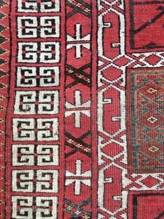 Exceptional Antique Turkman Eersari Engsi Rug, 19th Century. All colors derived from natural dyes. Includes a beautiful light green and yellow.  Good condition with low pile throughout. Unusual inner borders including  ...