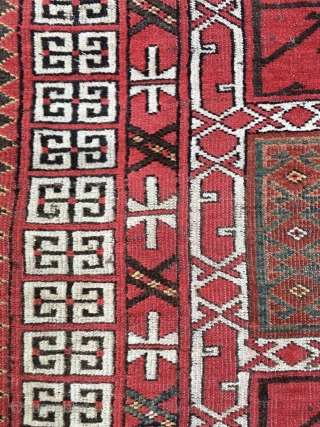 Exceptional Antique Turkman Eersari Engsi Rug, 19th Century. All colors derived from natural dyes. Includes a beautiful light green and yellow.  Good condition with low pile throughout. Unusual inner borders including  ...