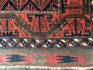 Beautiful Antique Baluch rug, probably late 19thC. Very good condition with good pile and very few low places. Only sight oxidation. All organic colors including nice blues and green. Original selvages and  ...